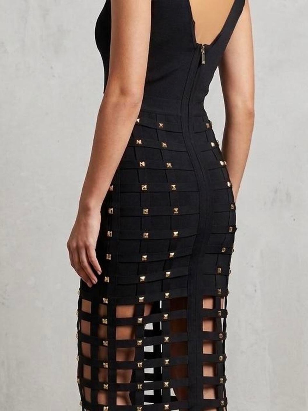 NWT BEBE Black Studded Cutout Midi Dress with Deep V